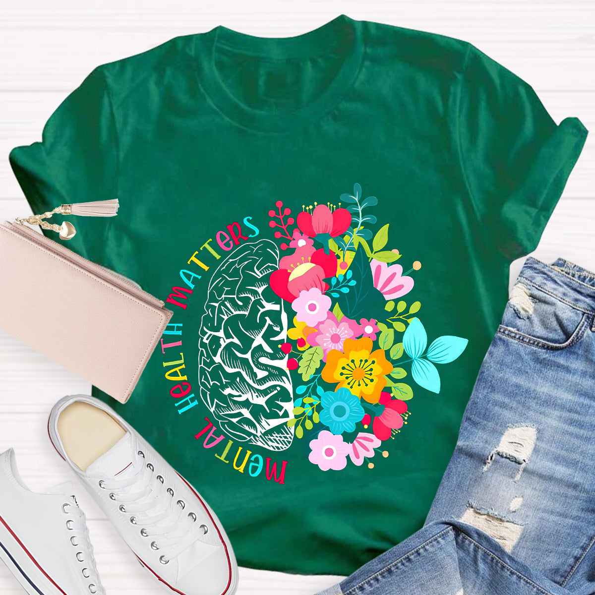Mental Health Matters Floral Brain Teacher T-Shirt