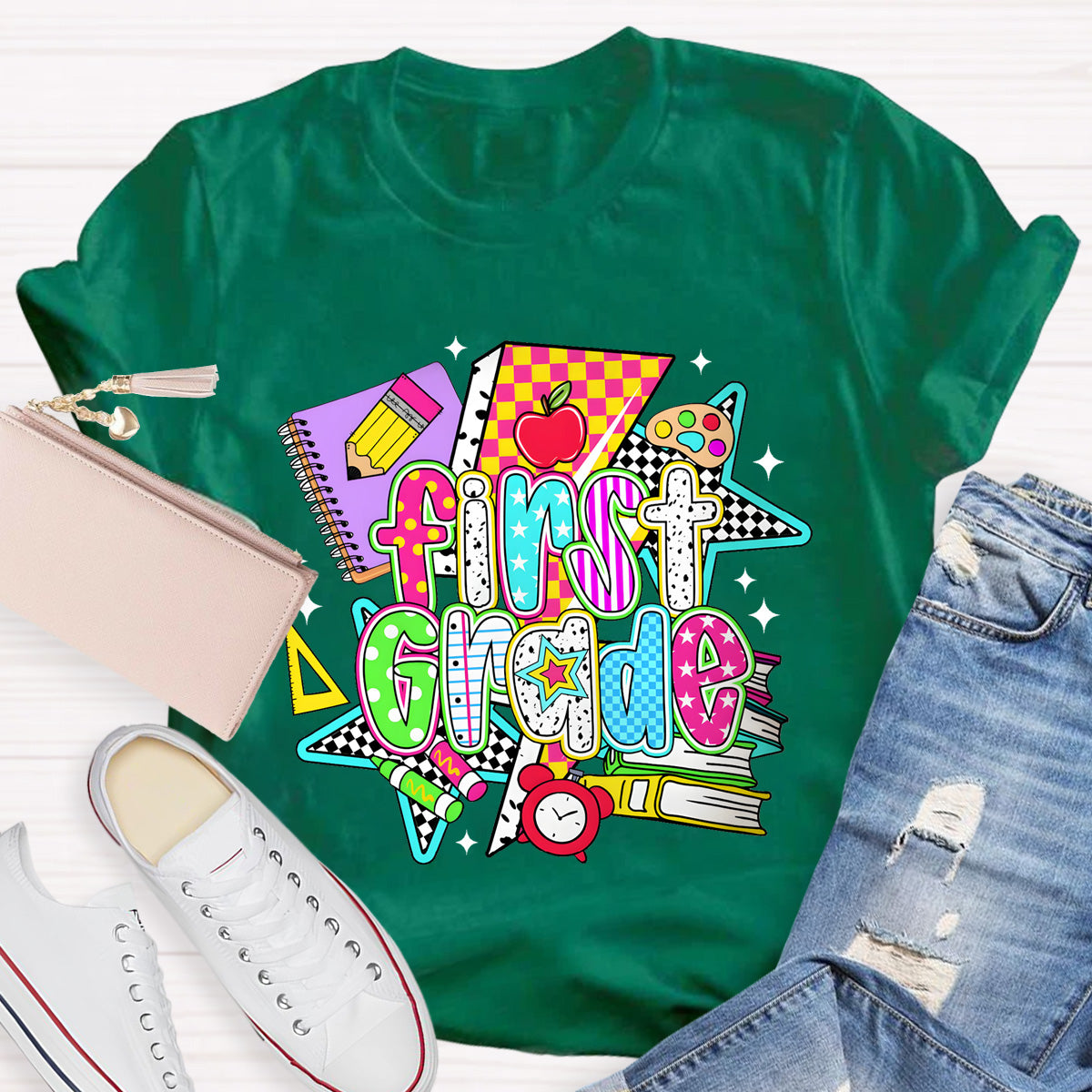 Personalized Grade First Grade Teacher Books Pencil T-Shirt