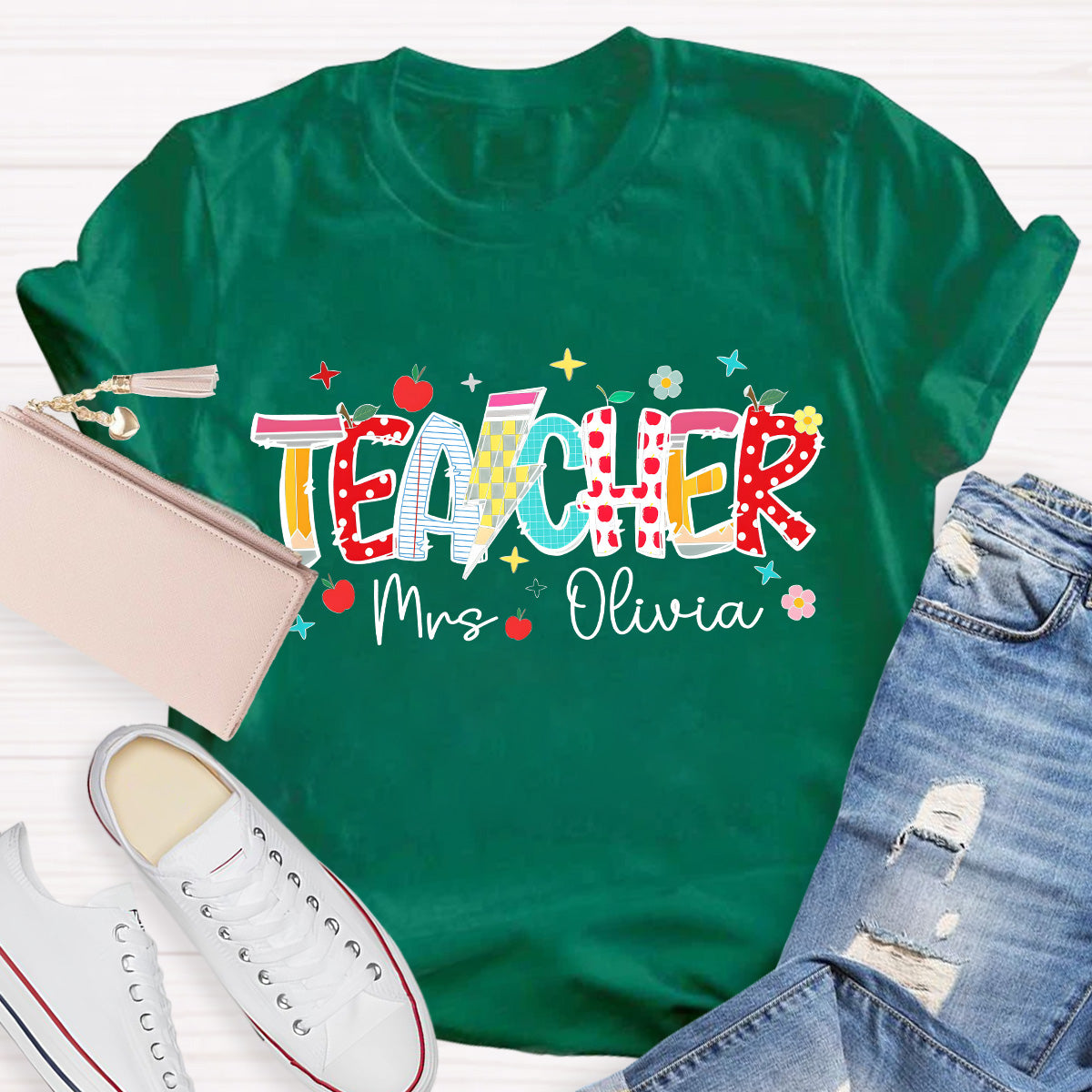 Personalized Name Star And Flower Teacher T-Shirt