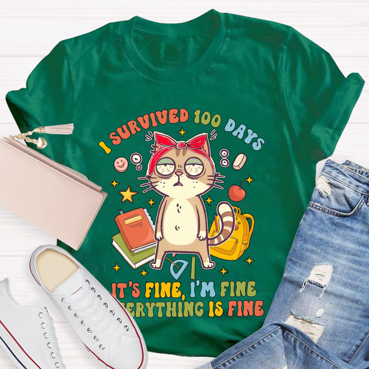 I Survived 100 Days Everything Is Fine Funny Cat T-Shirt