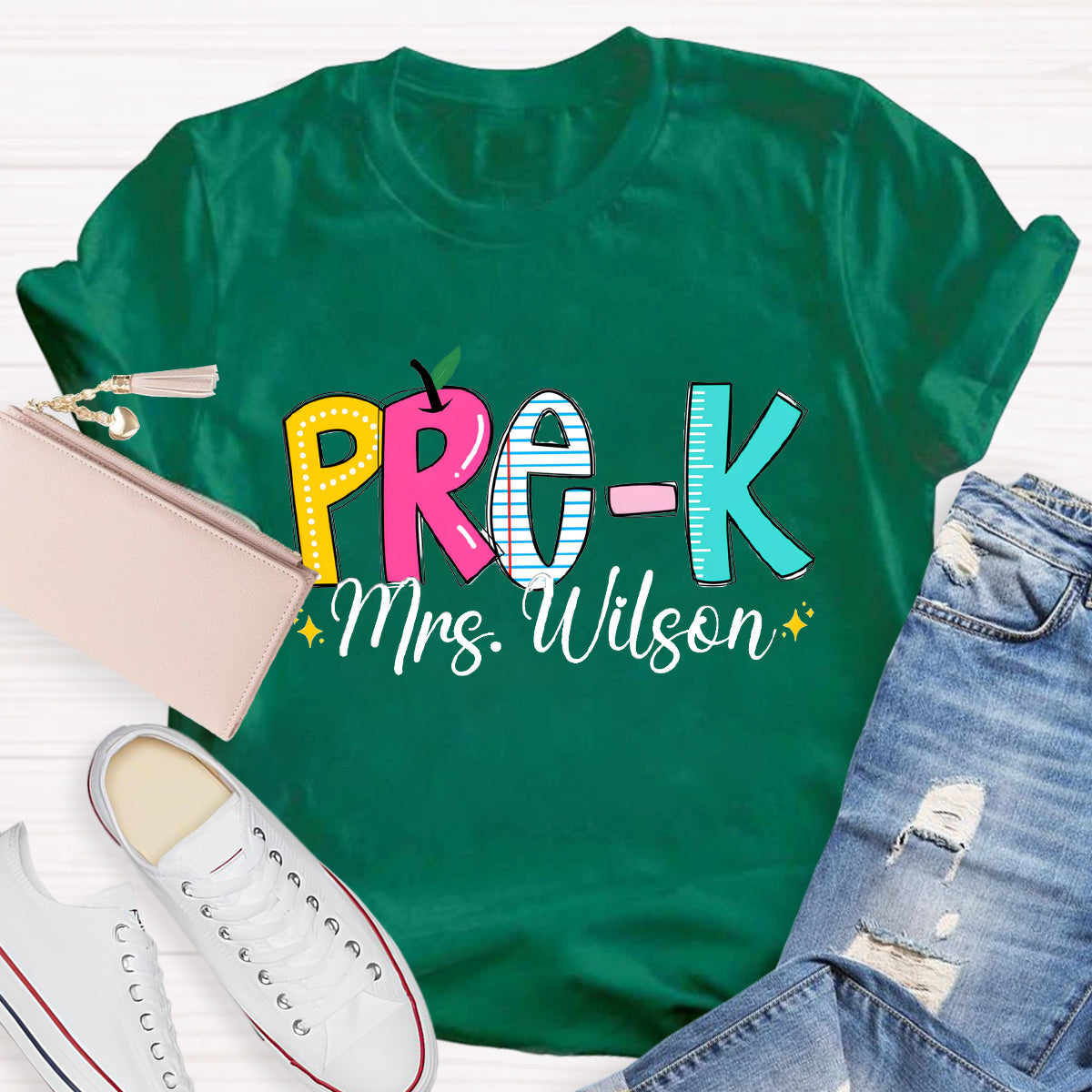 Personalized Grade And Teacher Name Apple Ruler Printed T-Shirt