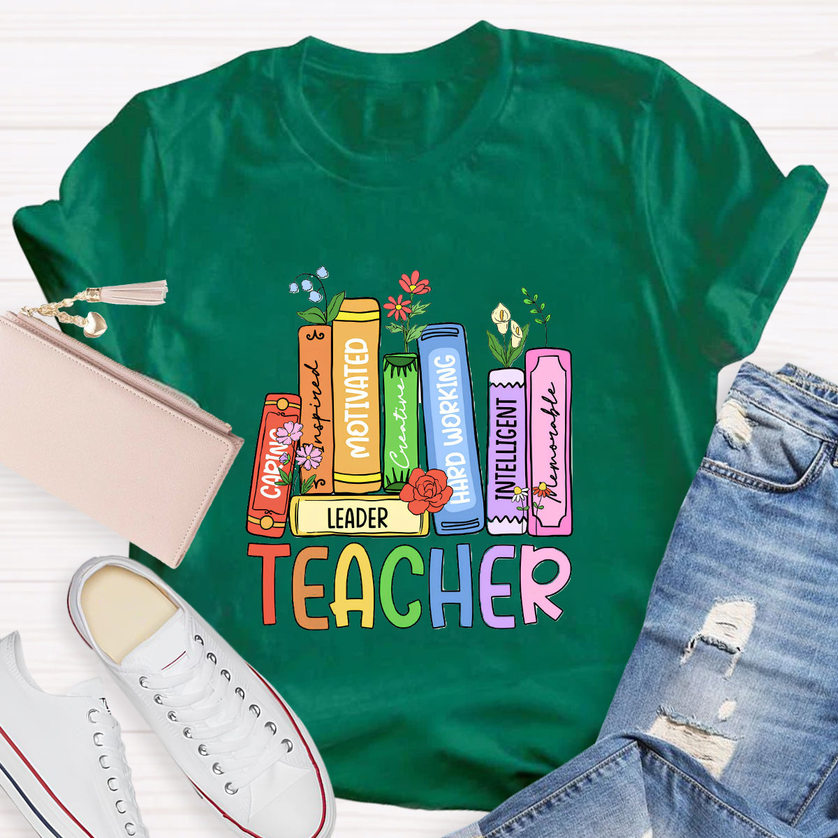 Caring Motivated Floral Books Teacher T-Shirt