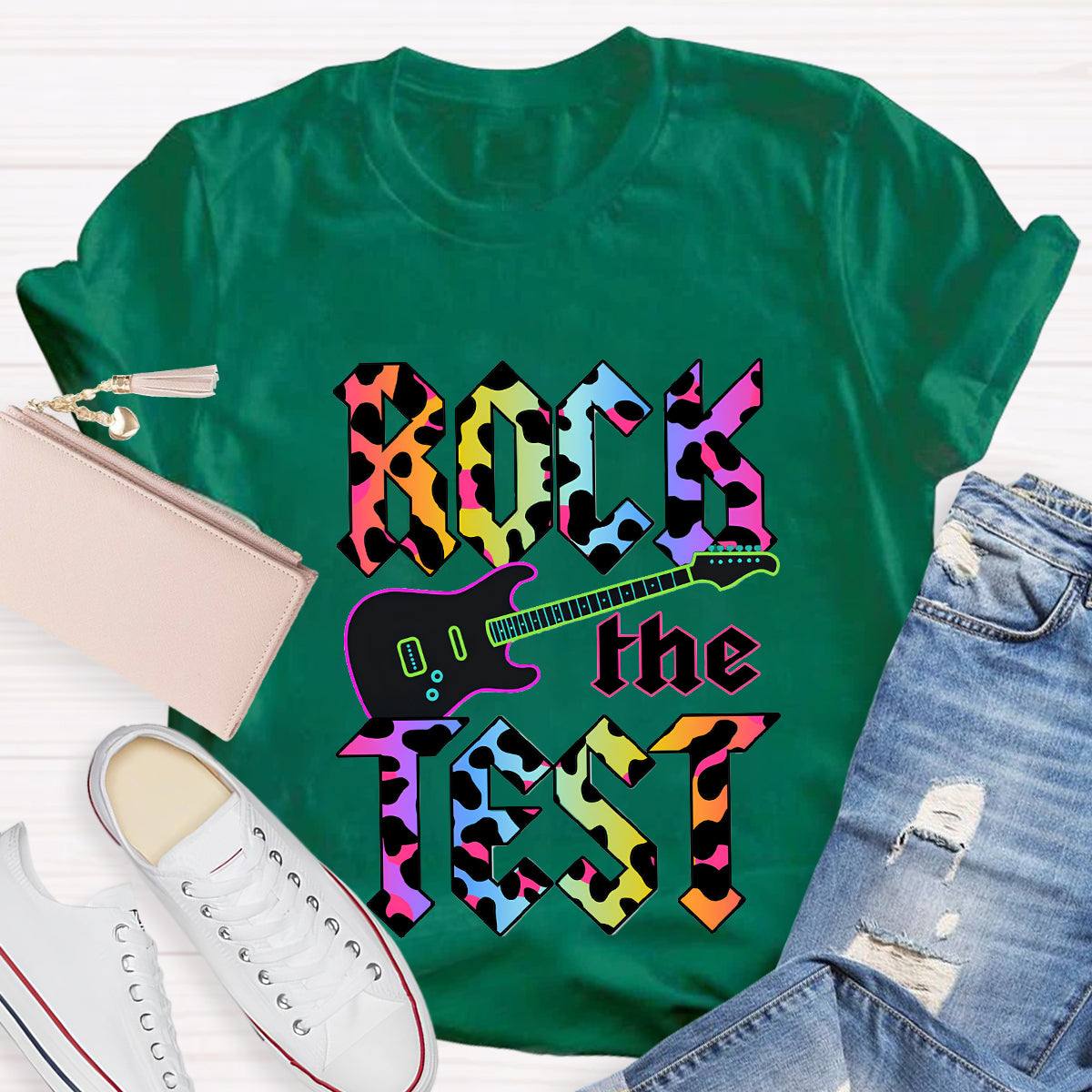 Rock The Test Colorful Leopard Print Teacher T-Shirt