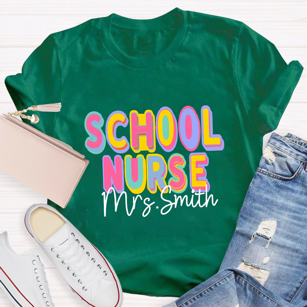 Personalized School Nurse Name Colorful Printed Letter T-Shirt