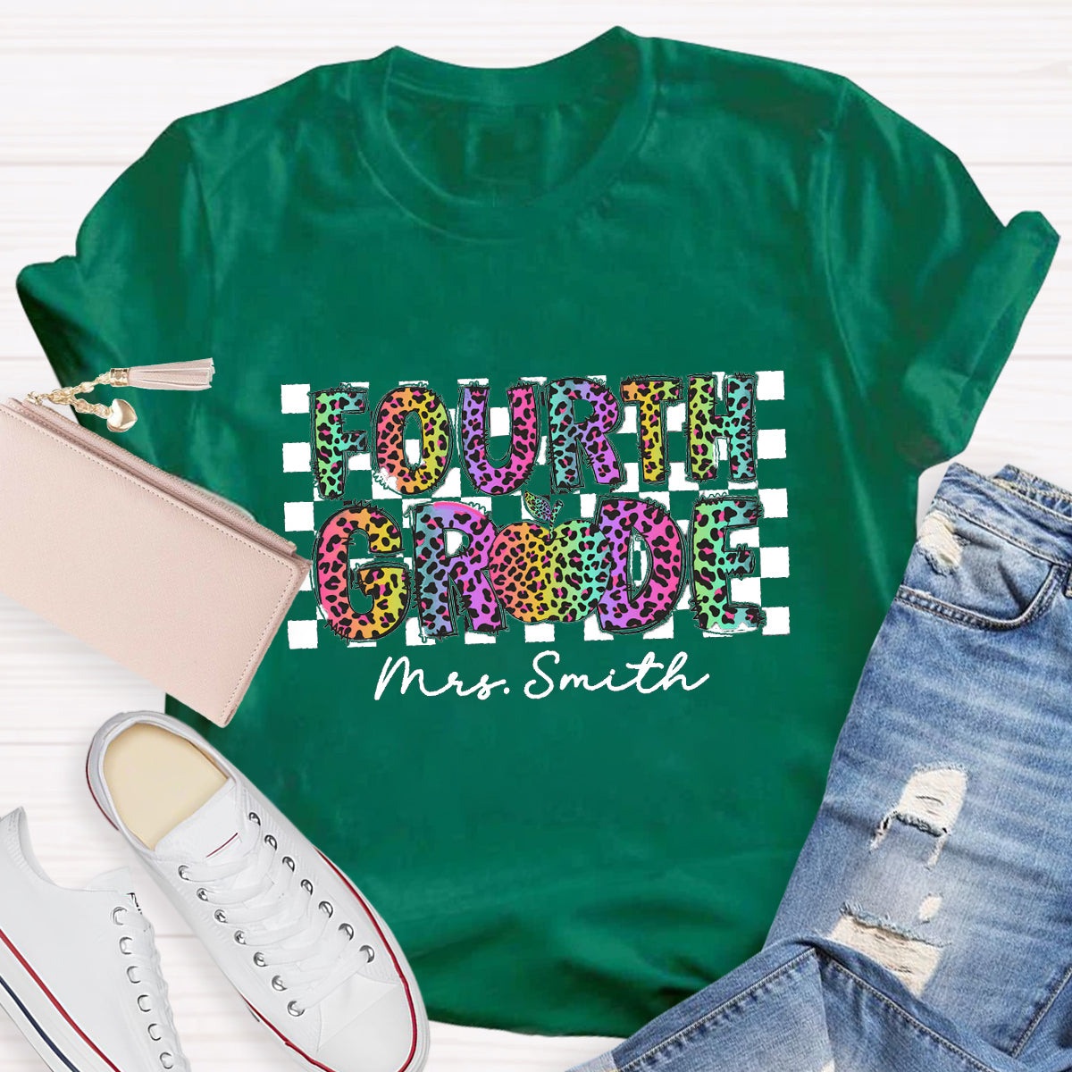 Personalized Grade And Name Colorful Leopard Print Teacher T-Shirt