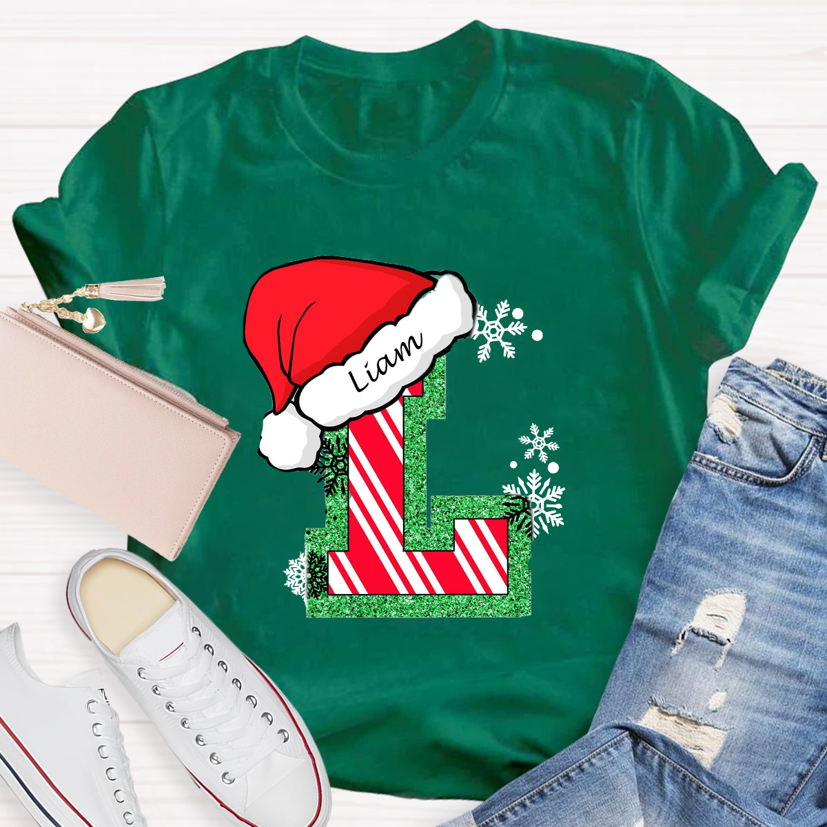 Personalized Name Merry Christmas Santa Holiday Green Red Glitter T-Shirt