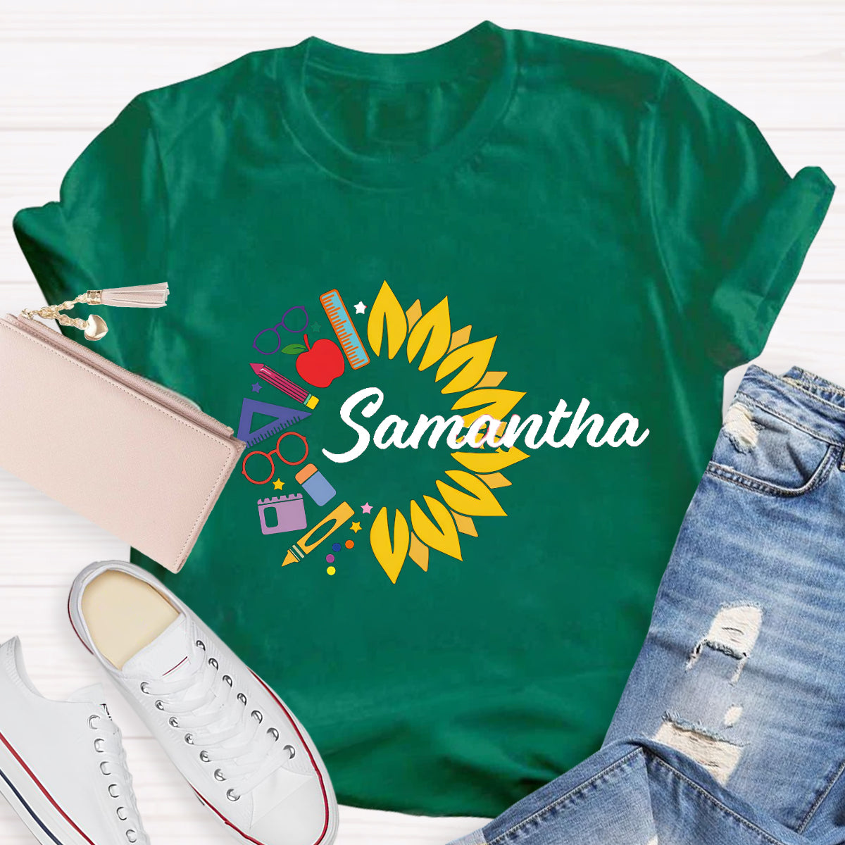 Personalized Name Sunflower Pencil Samantha Teacher T-Shirt