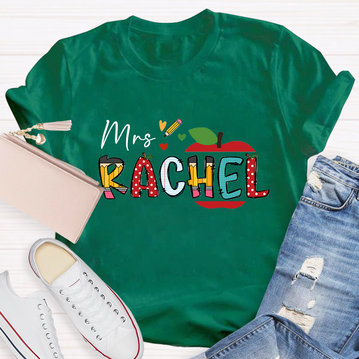 Personalized Teacher Name Apple Pencil Printed T-Shirt