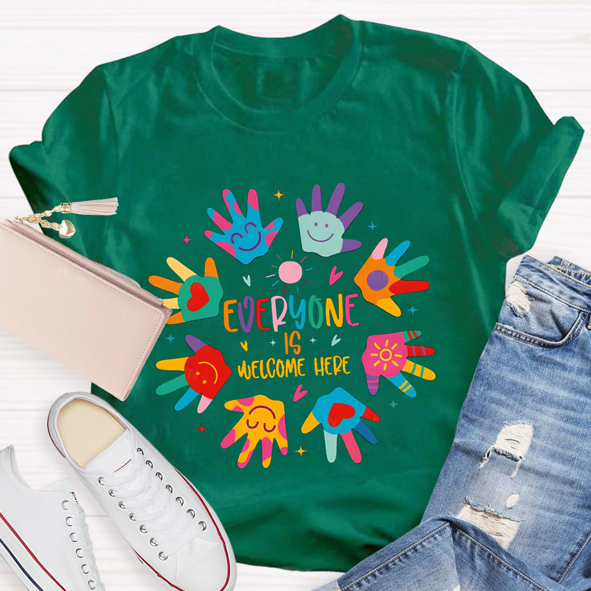 Everyone Is Welcome Here Colorful Hands Teacher T-Shirt