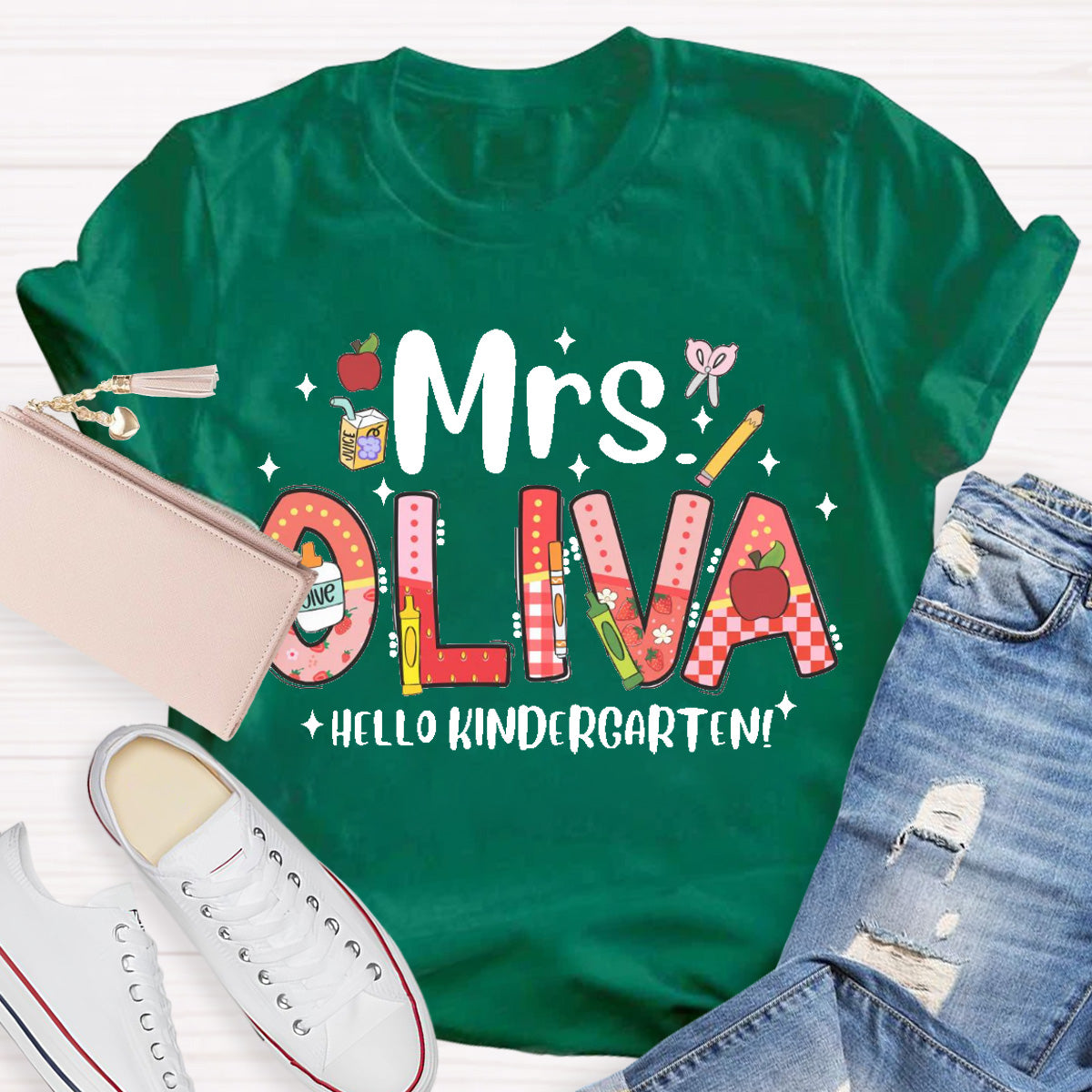 Personalized Name Hello Kindergarten Teacher T-Shirt