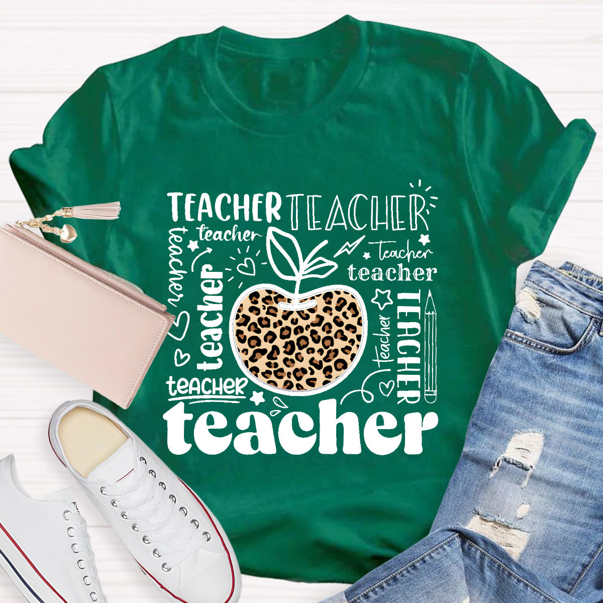 Teacher Various Fonts Various Fonts Leopard Apple T-Shirt