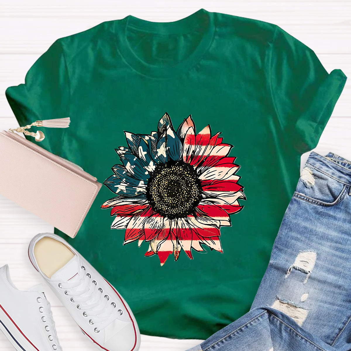 US Flag Flower Teacher T-Shirt