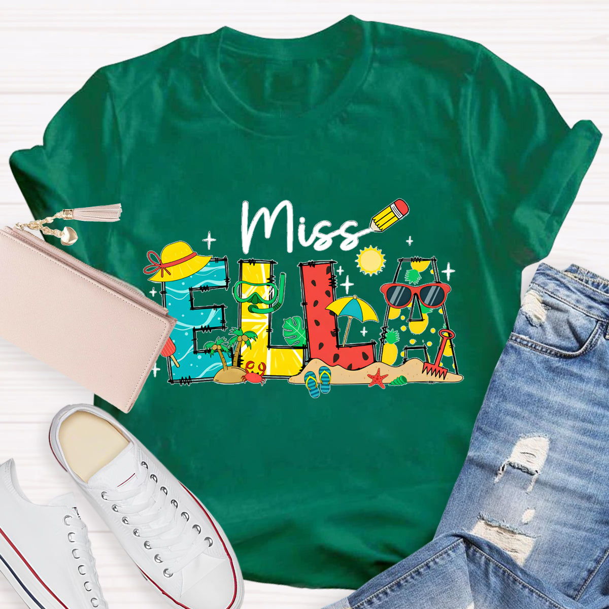 Personalized Name Summer Break Beach Teacher T-Shirt