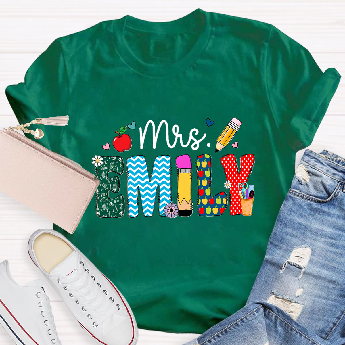 Personalized Name Beautiful Flower Emily Teacher T-Shirt