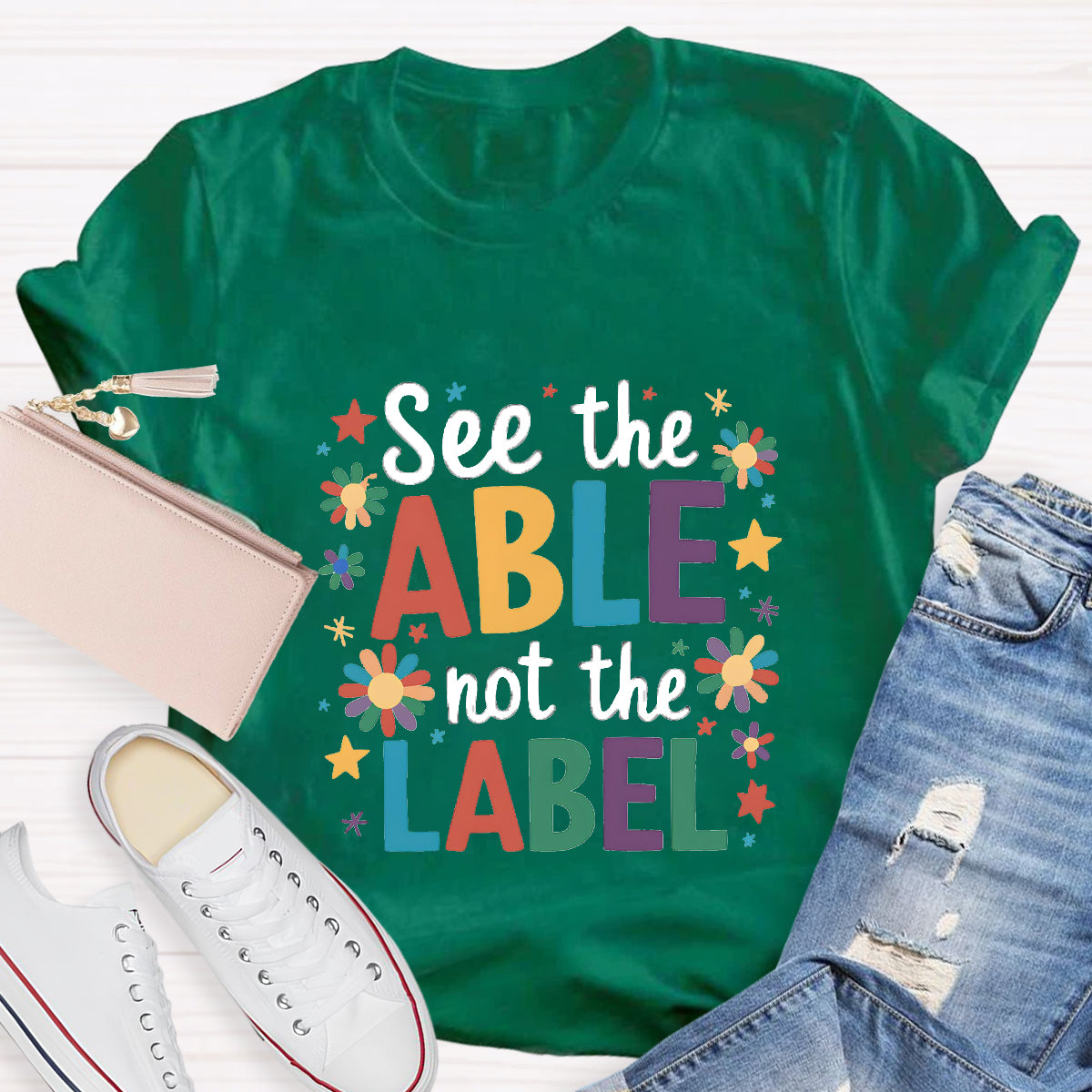 Floral See The Able Not the Label Teacher T-Shirt
