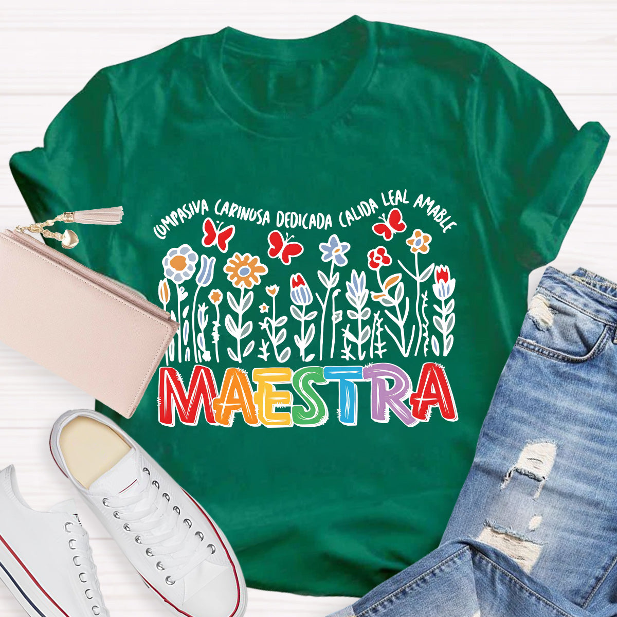 Maestra Butterfly And Flowers Teacher T-Shirt