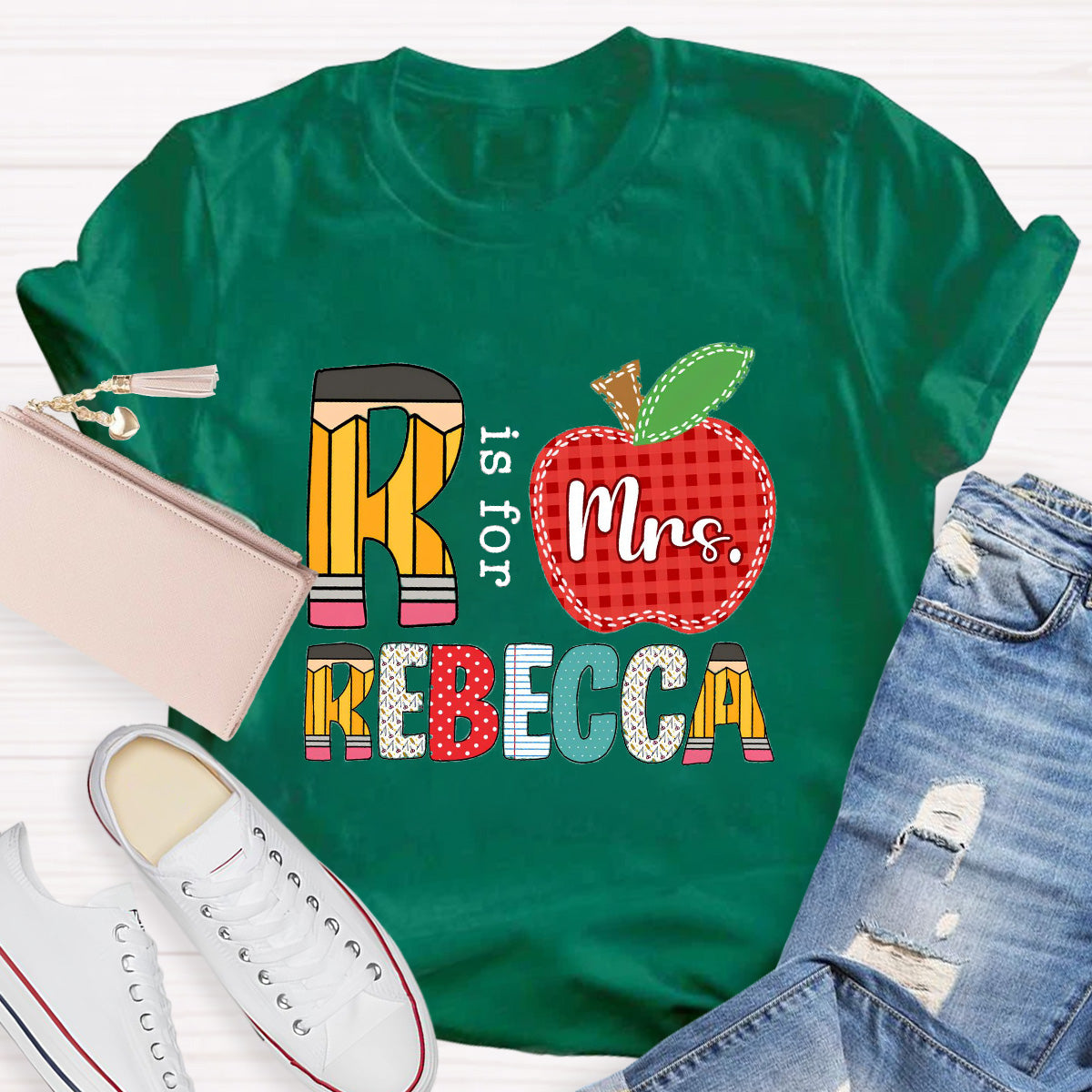 Personalized Name Red Apple R Is For Rebecca Teacher T-Shirt