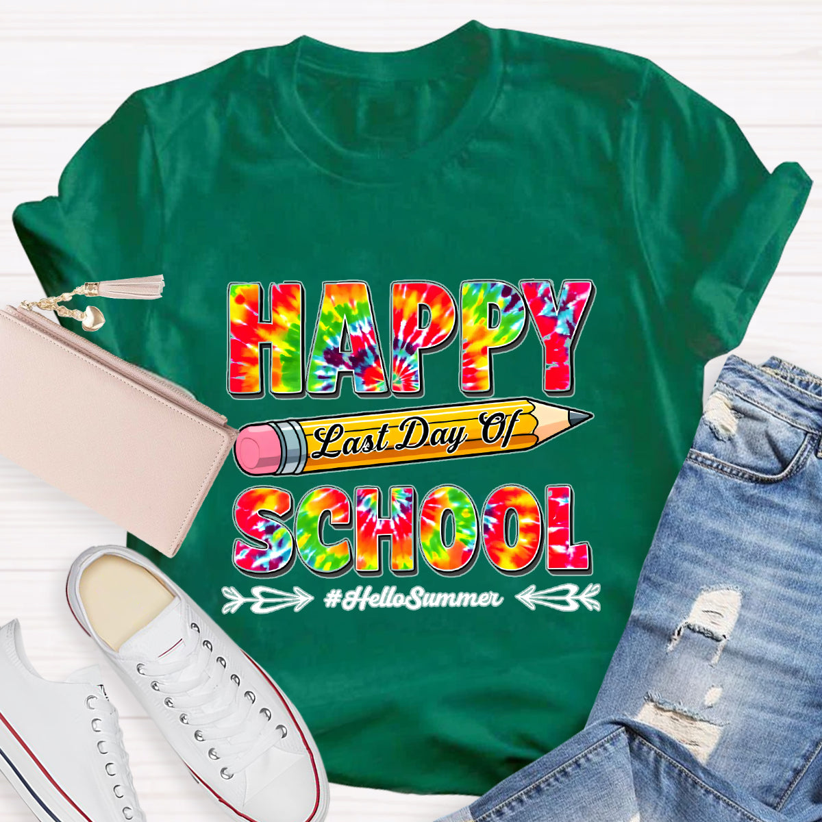 Happy Last Day Of School Hello Summer Colorful Pencil Teacher T-Shirt