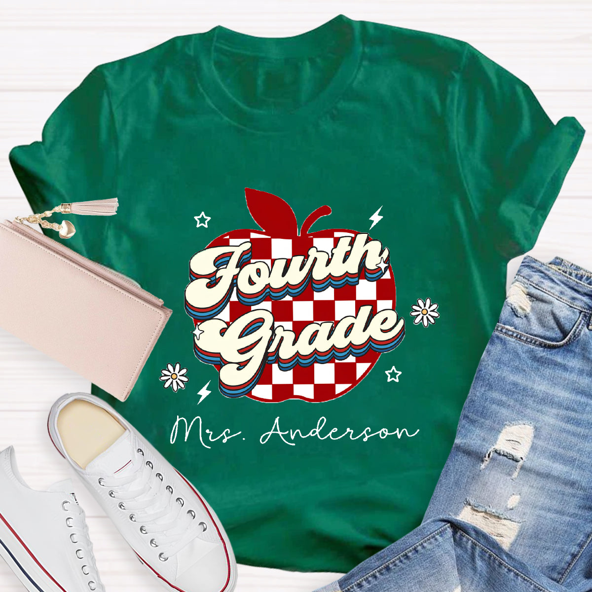 Personalized Grade And Name Apple Chessboard Pattern T-Shirt