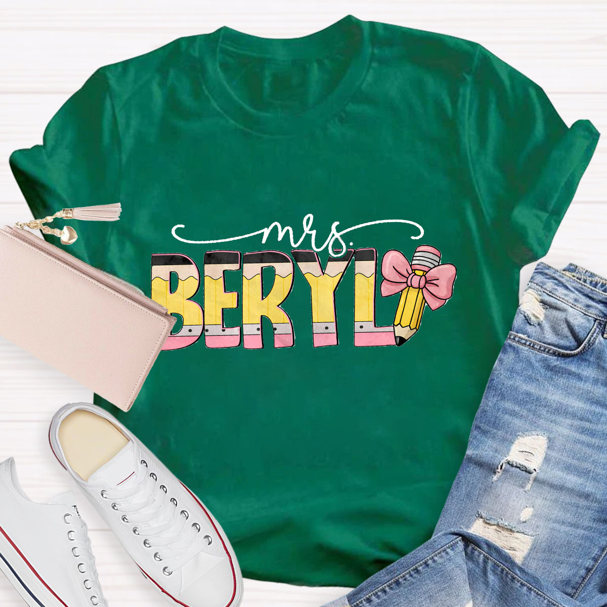 Personalized Teacher Name Pink Pencil T-Shirt