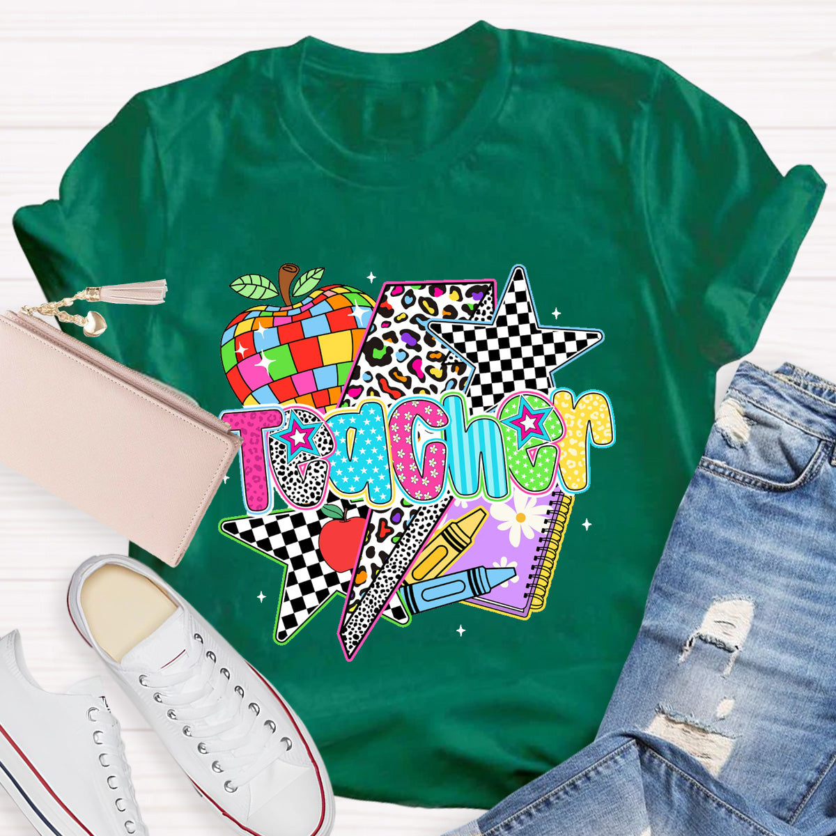 Colorful Leopard Apple Teacher Back To School T-Shirt
