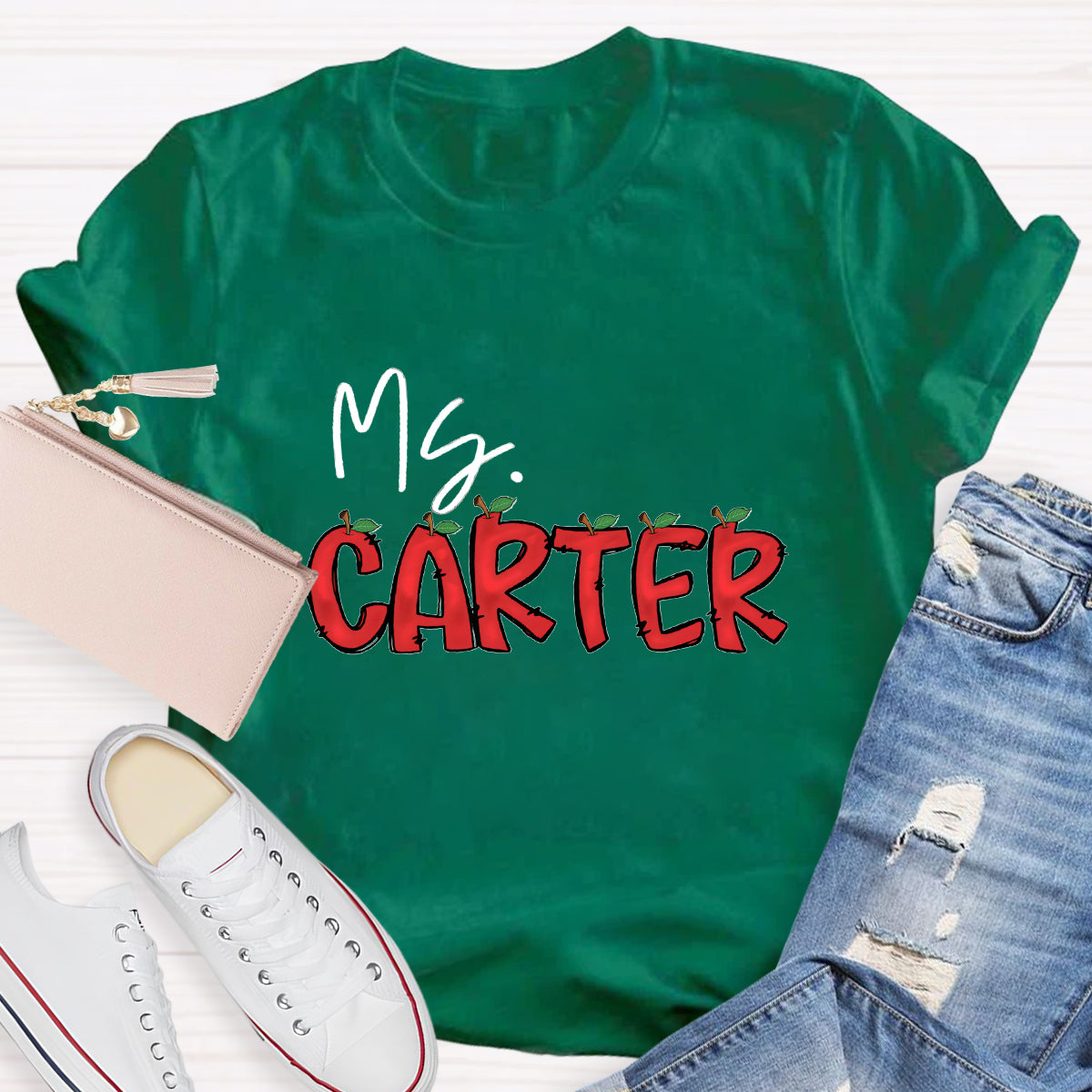 Personalized Teacher's Name Red Apple Letter  T-Shirt