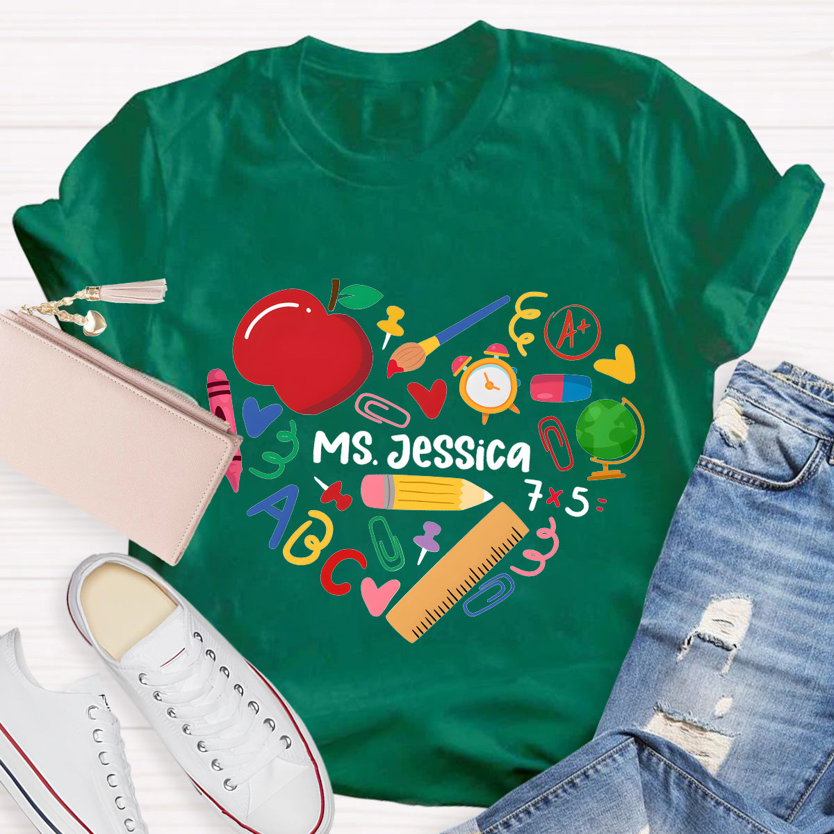Personalized Name Apple And Heart Teacher T-Shirt
