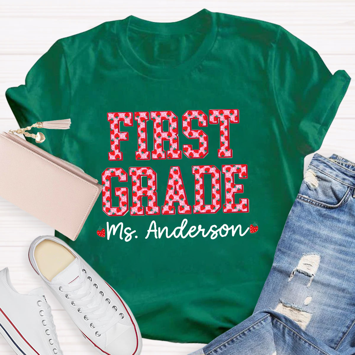 Personalized Grade And Name Strawberry Printed Teacher T-Shirt
