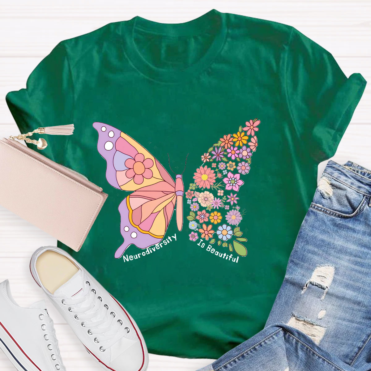 Neurodiversity Is Beautiful Floral Butterfly Teacher T-Shirt