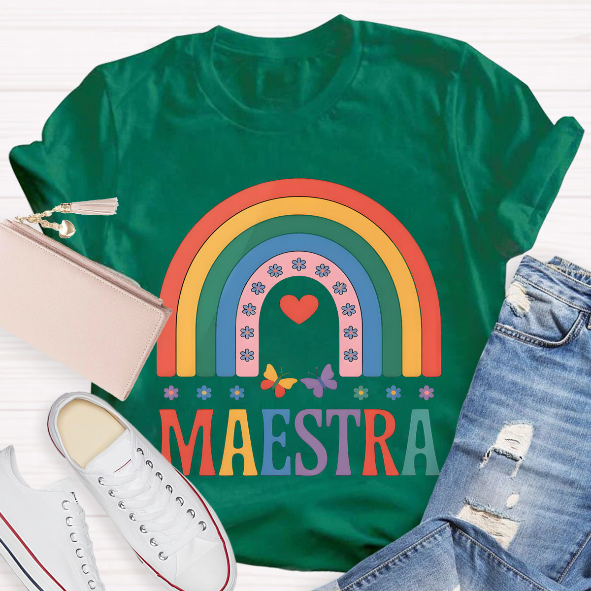 Rainbow Butterfly Maestra Bilingual Teacher T-Shirt
