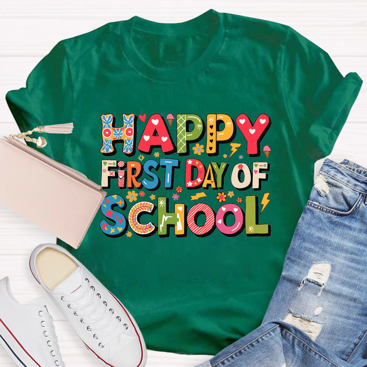 Happy First Day Of School Heart Printed Teacher T-Shirt