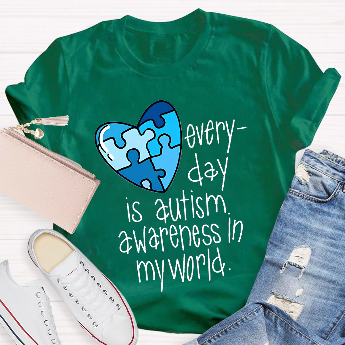Blue Heart Awareness In My World Teacher T-Shirt