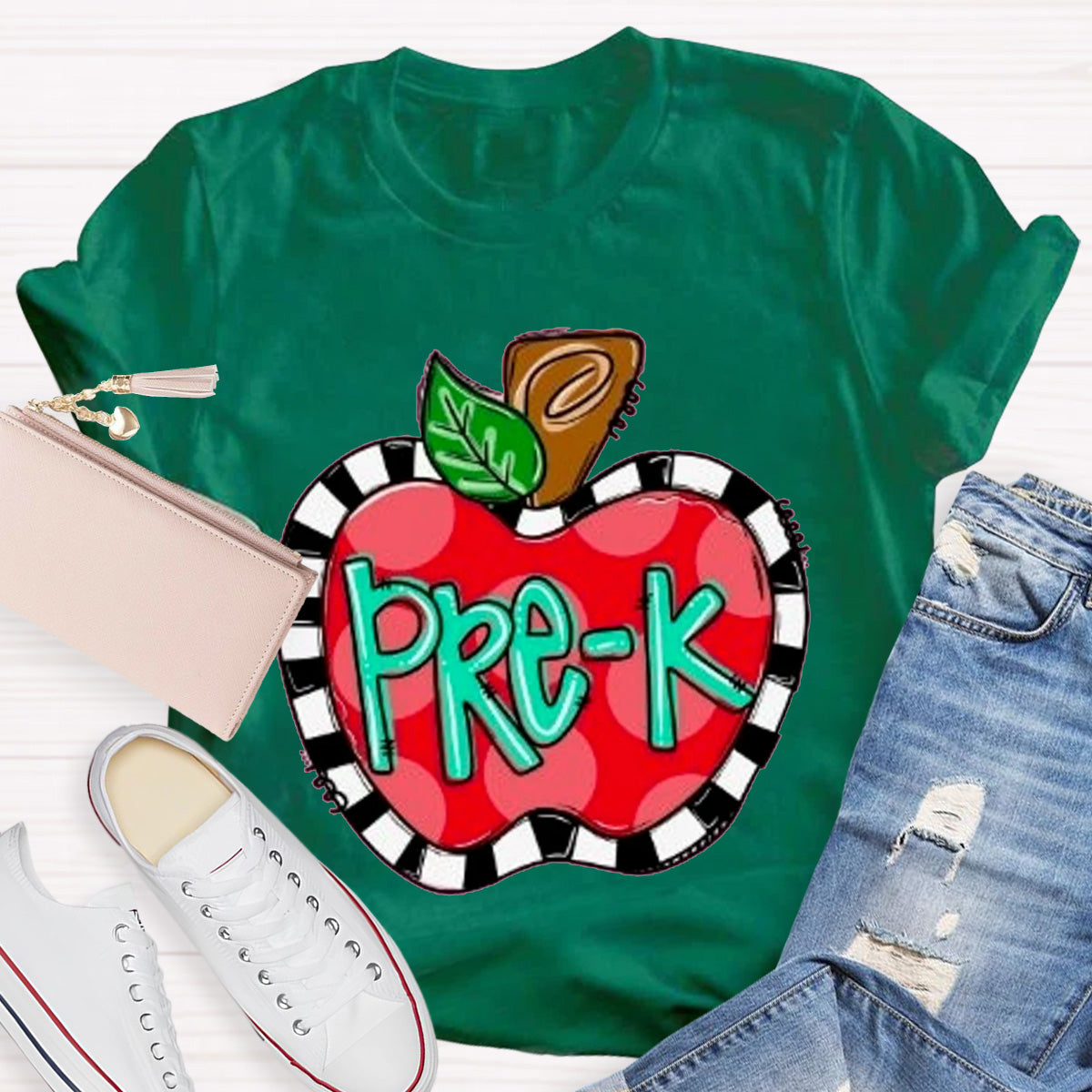 Personalized Grade Teacher Color Block  Apple Printed T-Shirt