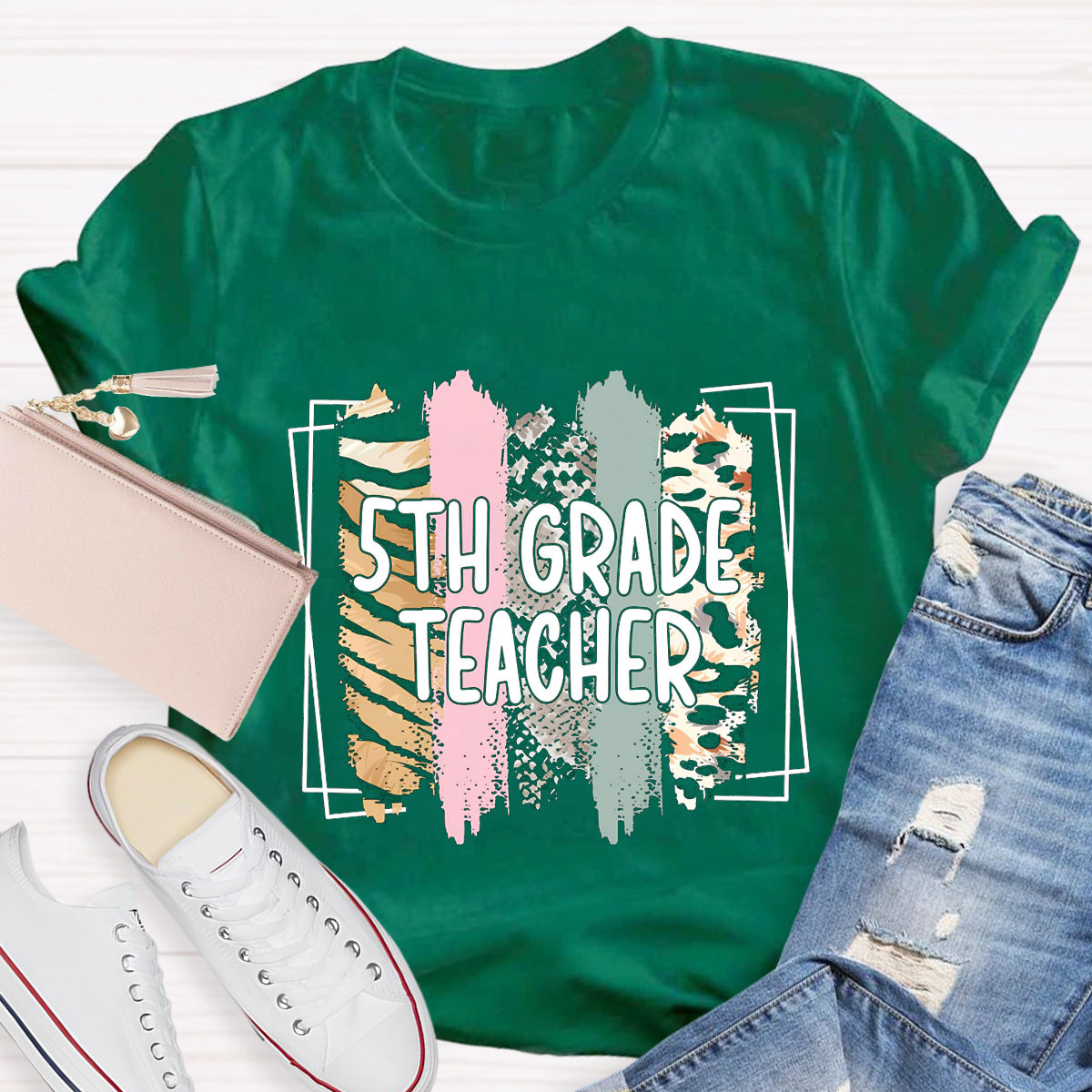 Personalized Grade Color Block 5th Grade Teacher T-Shirt