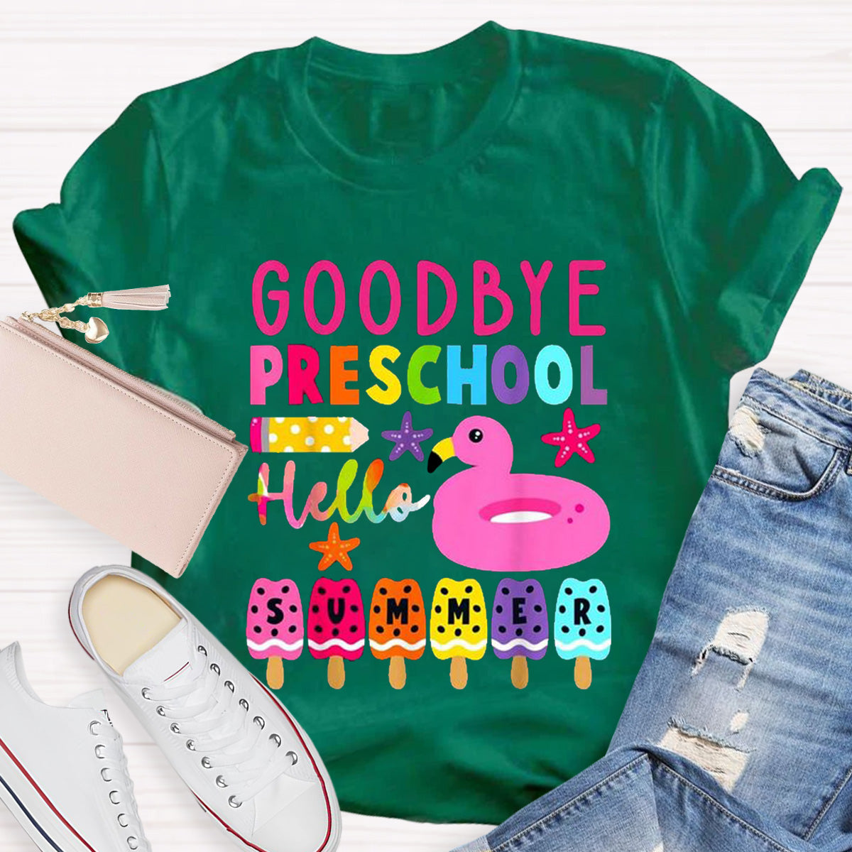 Personalized Grade Goodbye Preschool Hello Summer  Teacher T-Shirt