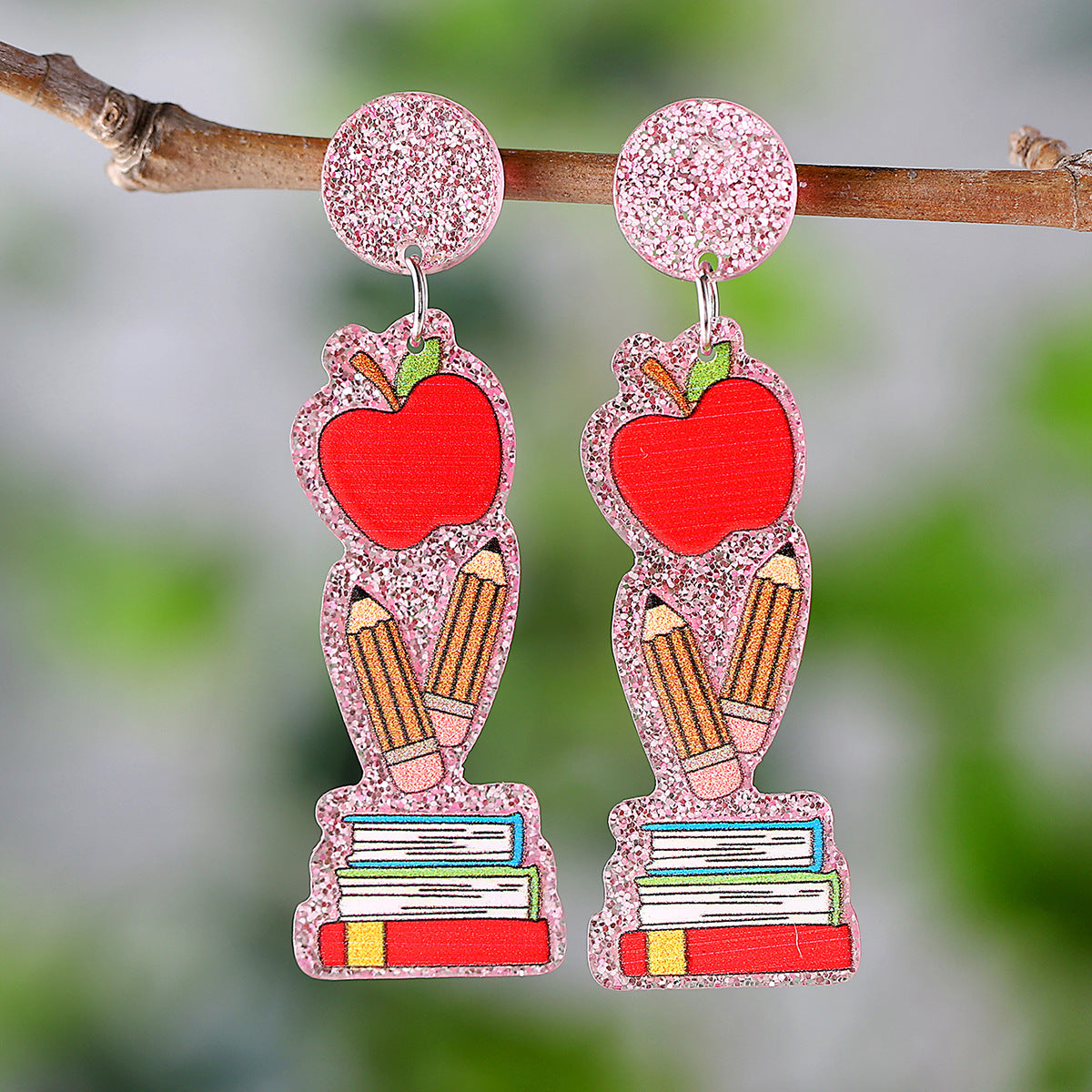 Sequined Apple Book Ruler Rainbow Earrings