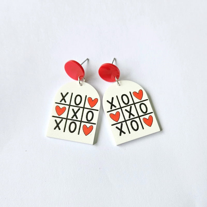 Houndstooth Black And White Striped Pink Heart Earrings