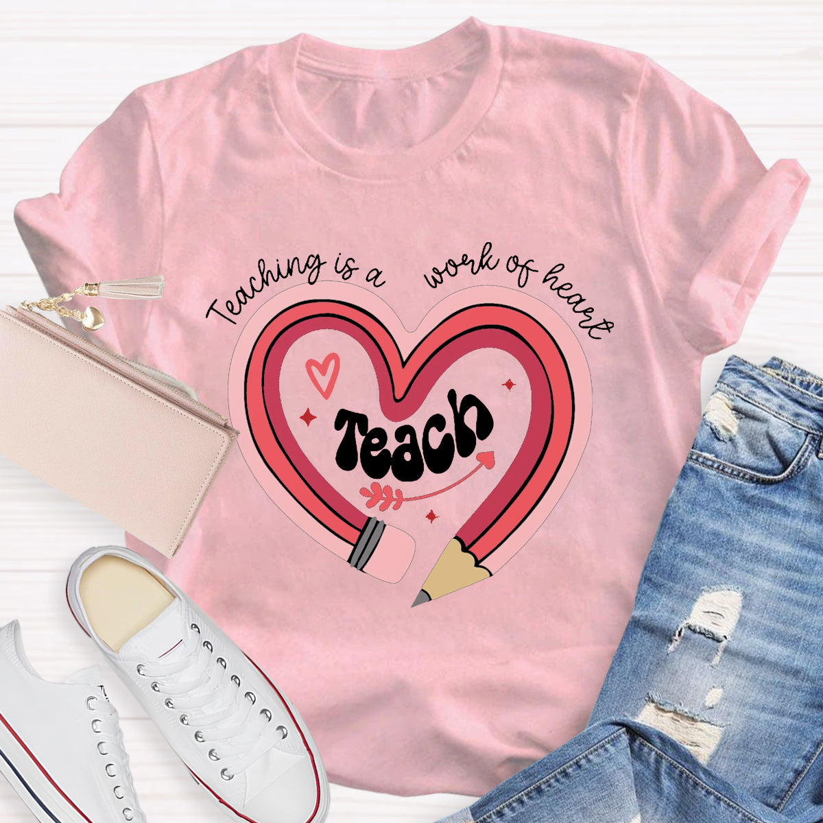 Teaching Is A Work Of Heart Pencil Teacher T-Shirt