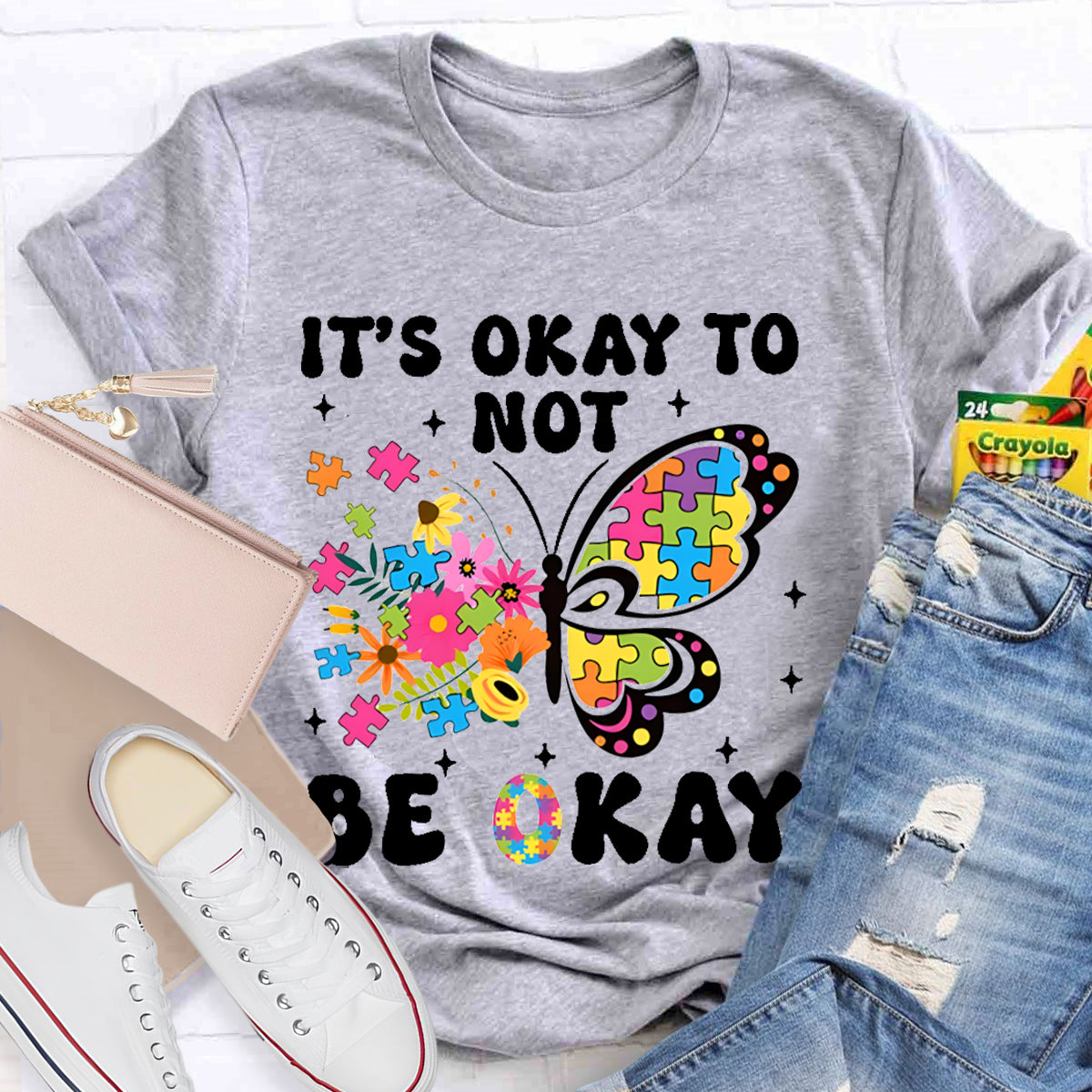It's Ok To Not Be Okay Butterfly  Teacher T-Shirt
