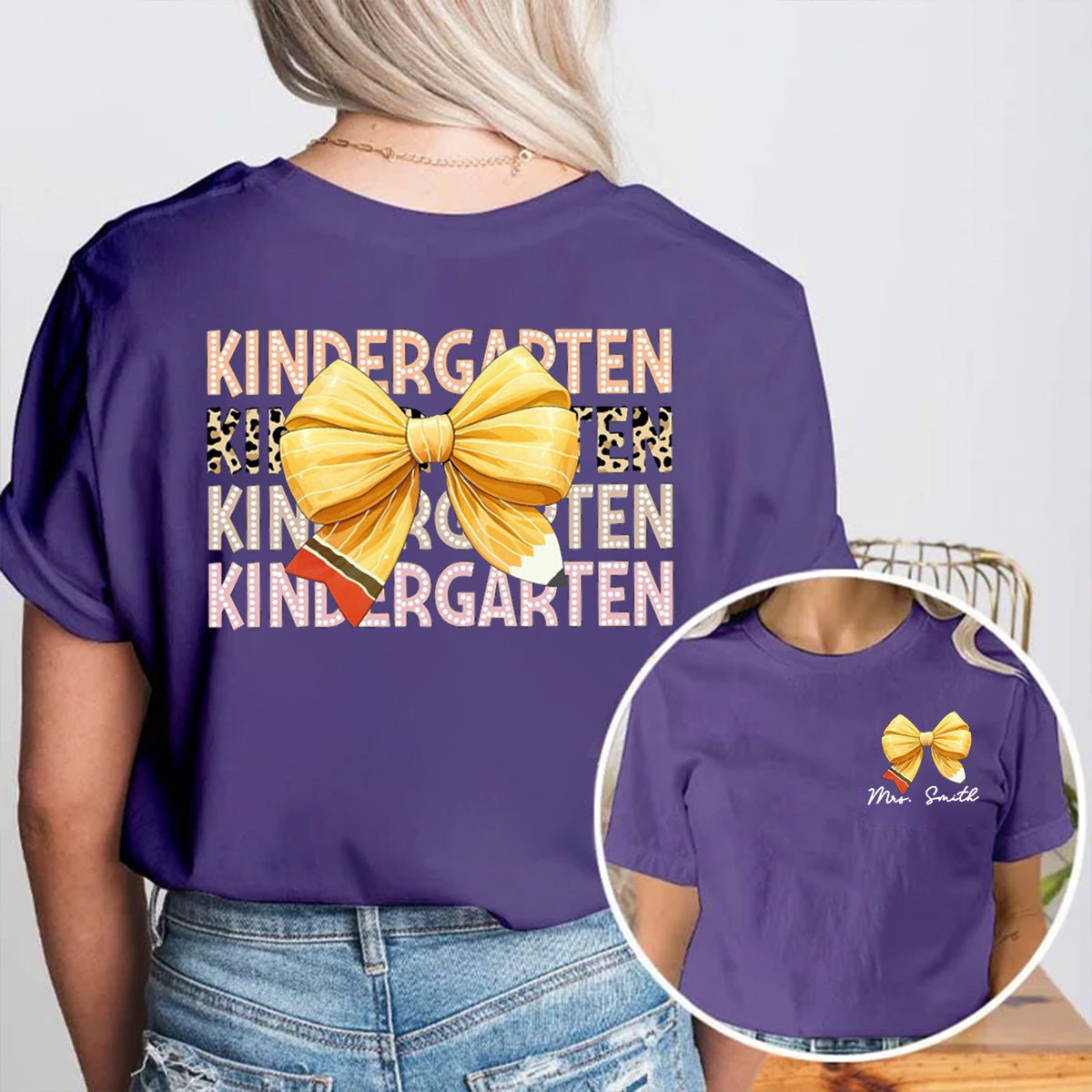 Personalized Grade And Name Pink Bow Double Printed T-shirt