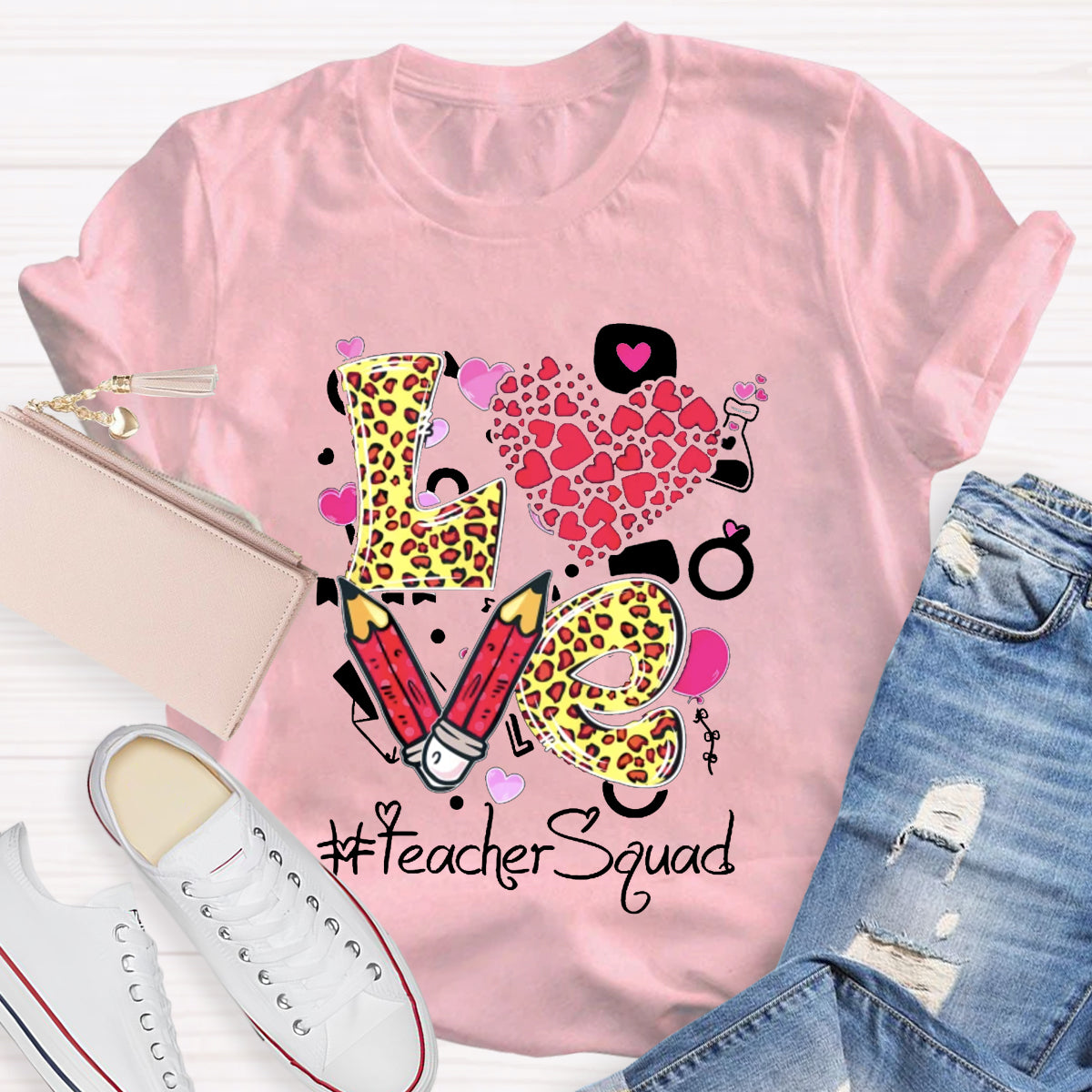 Pink Love Teacher Squad T-Shirt