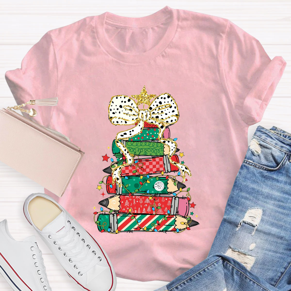 Pencil Tree Bow Teacher T-Shirt