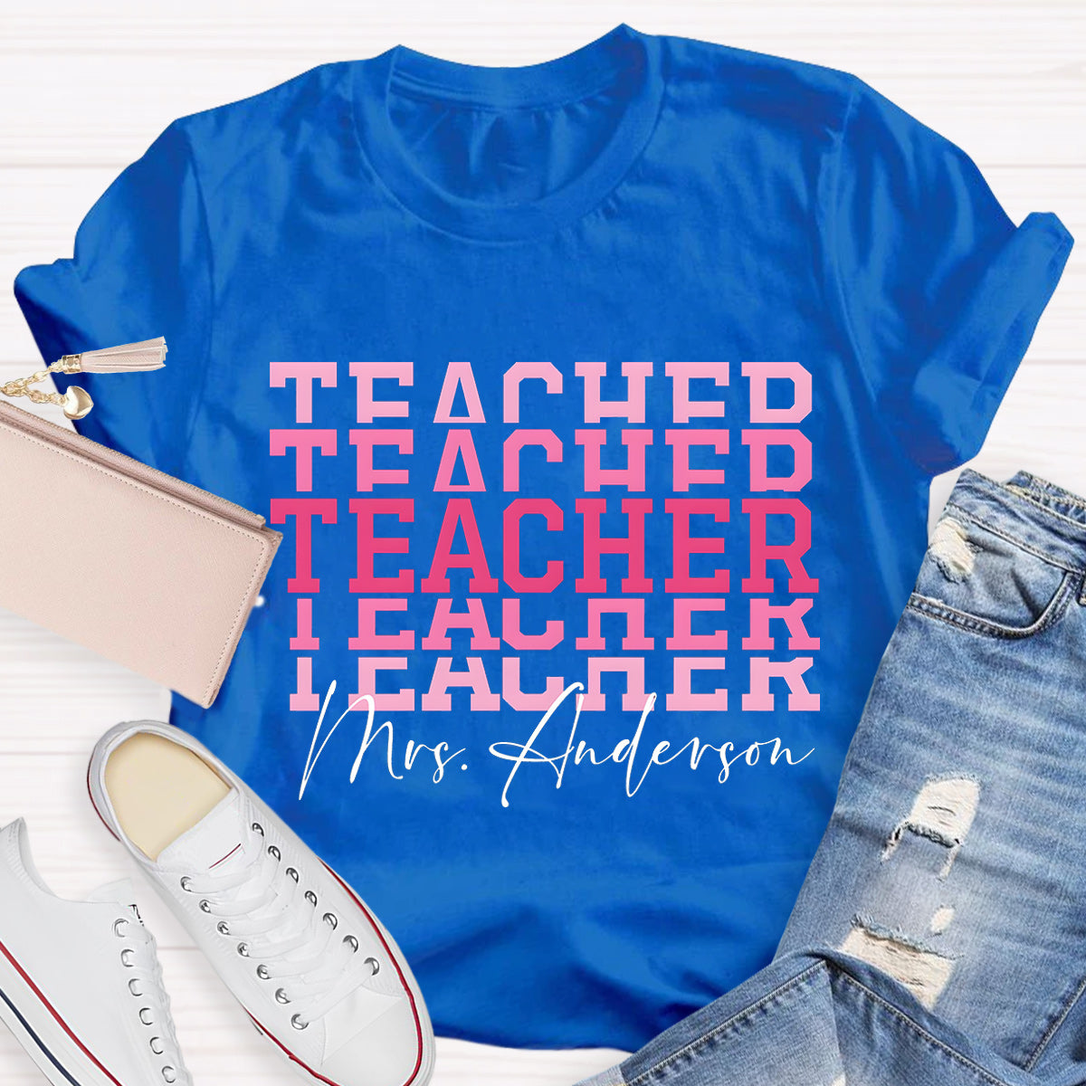 Personalize Name Pink Teacher T-Shirt
