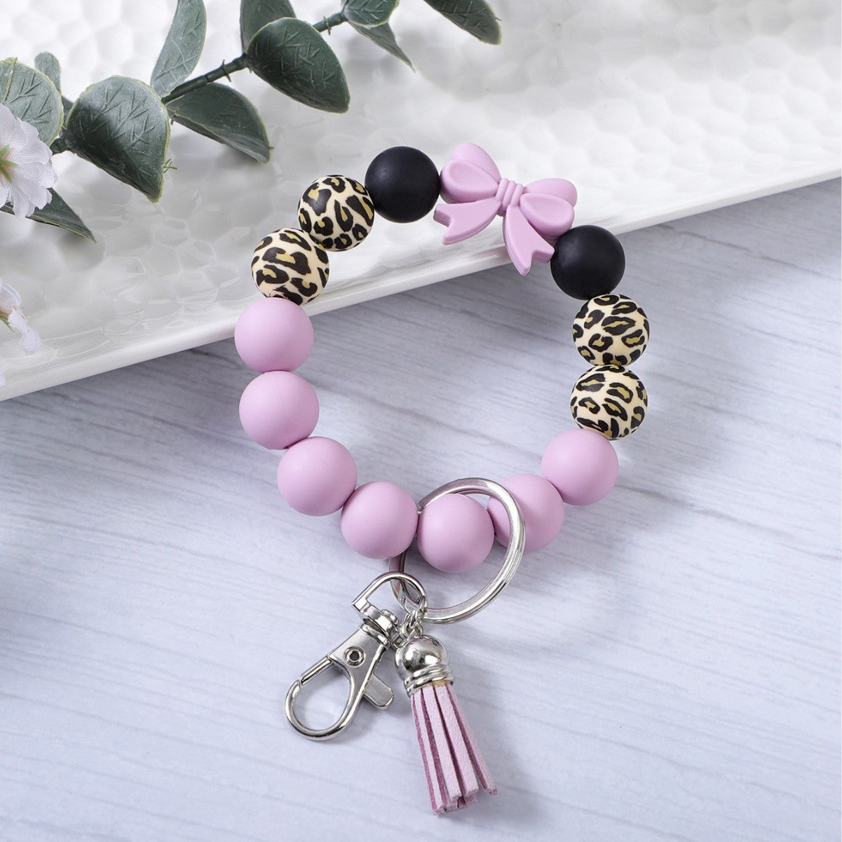 Colorful bow leopard print bracelet keychain