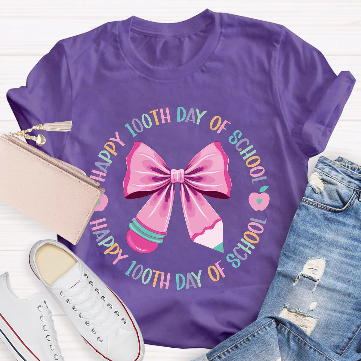 Happy 100th Days Of School Pink Bow Teacher T-Shirt