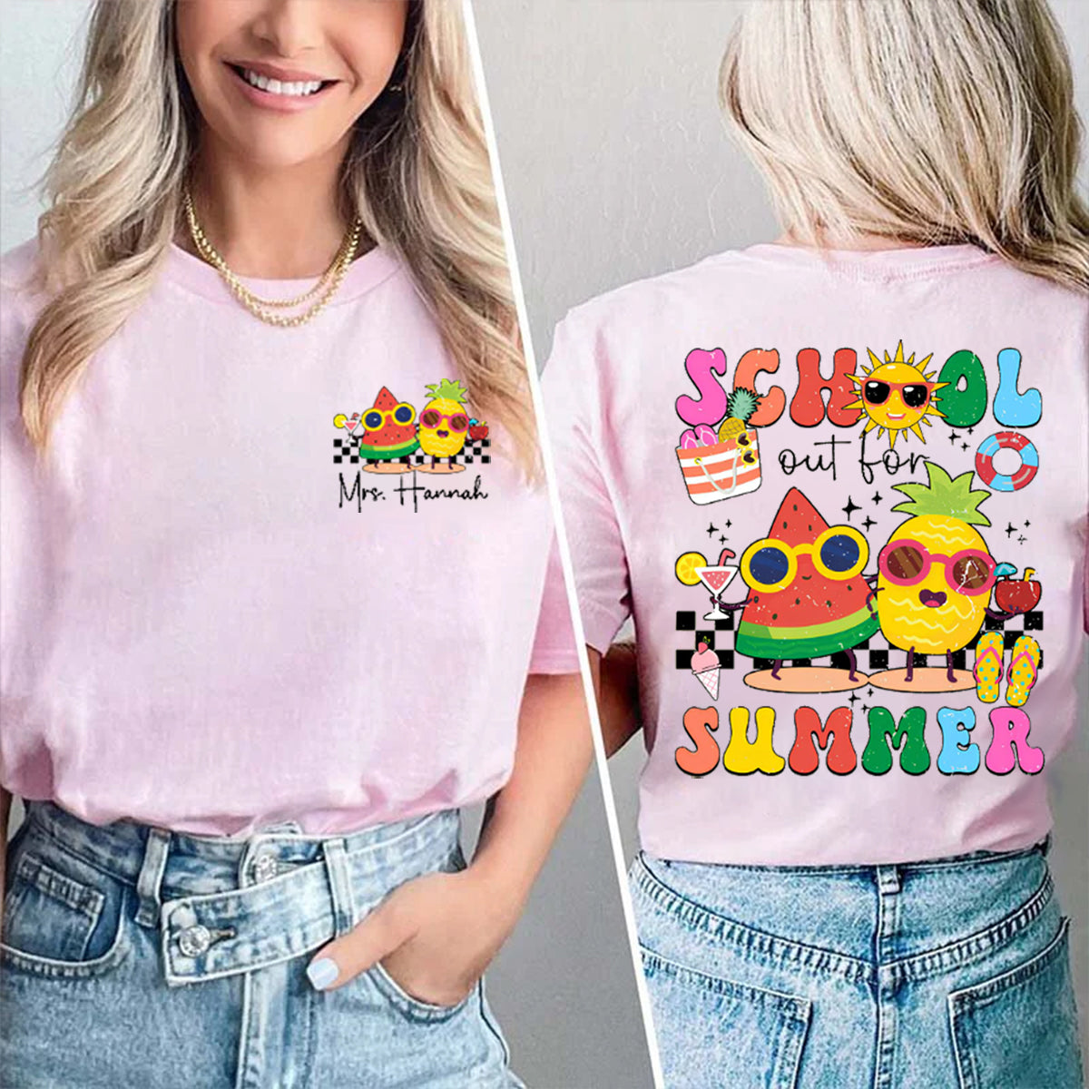 Personalized Name school Out For Summer Ice cream Double Printed T-shirt