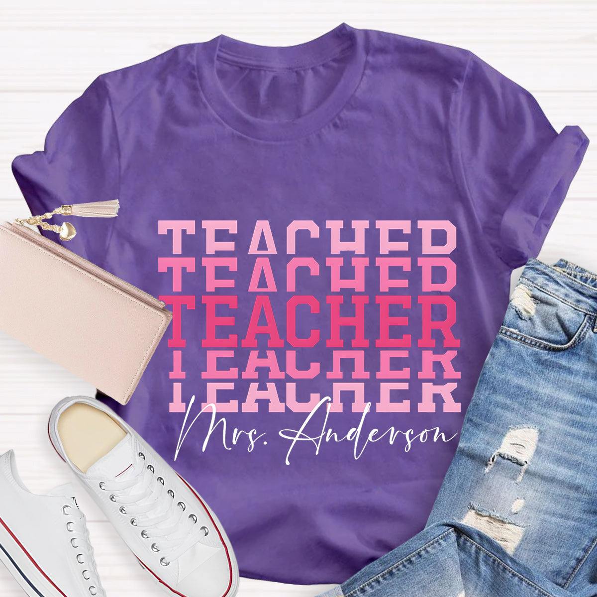 Personalize Name Pink Teacher T-Shirt