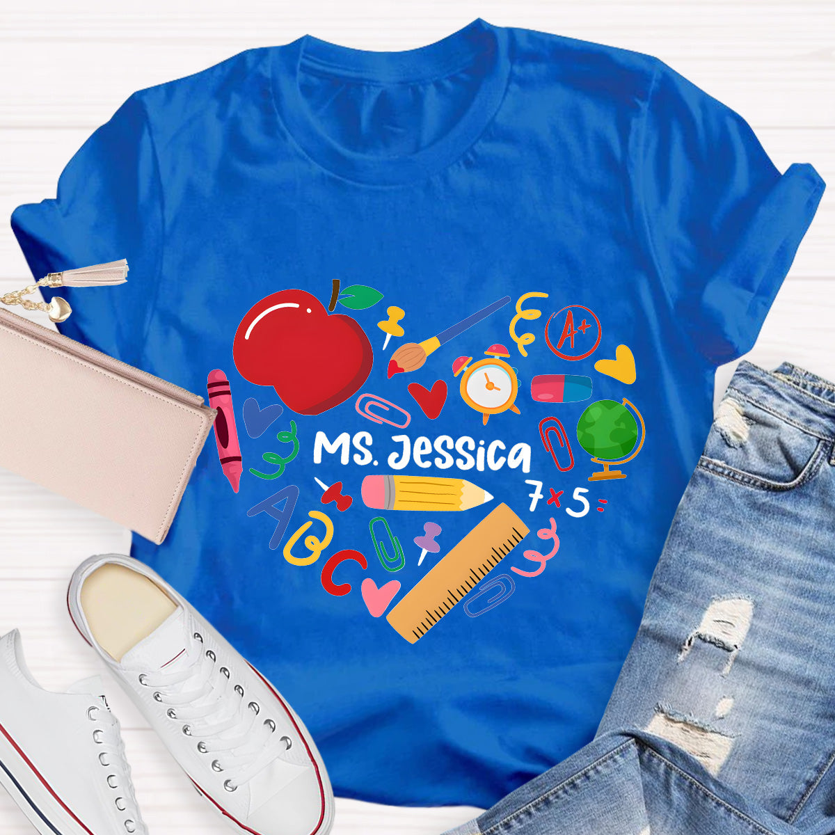 Personalized Name Apple And Heart Teacher T-Shirt