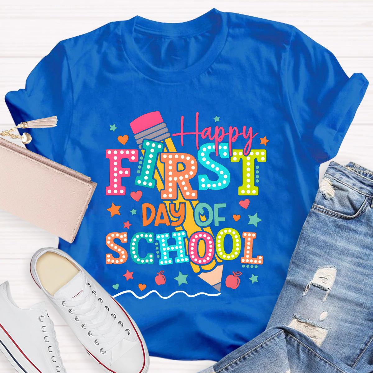 Pencil Dot Happy First Day Of School Teacher T-Shirt