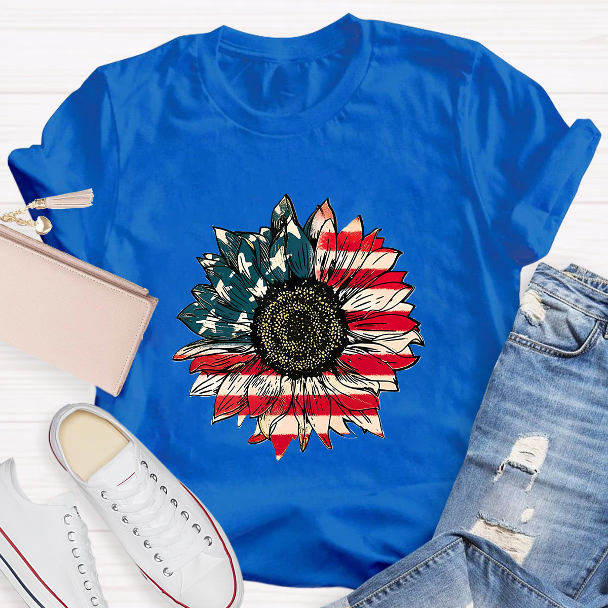 US Flag Flower Teacher T-Shirt